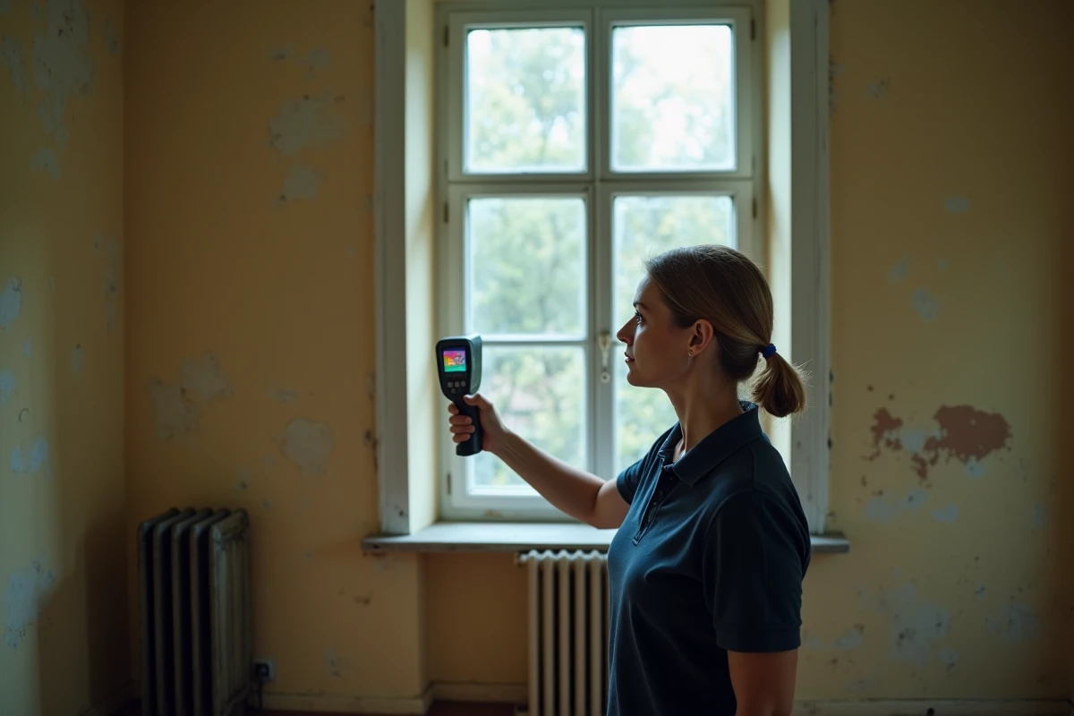 Auditrice énergétique réalisant un diagnostic thermique avec une caméra infrarouge dans un appartement ancien
