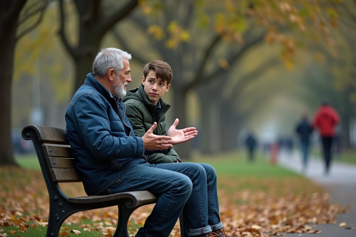 Père et fils adolescent partageant une conversation sincère sur un banc de parc en automne, symbolisant l'influence parentale sur les valeurs individuelles