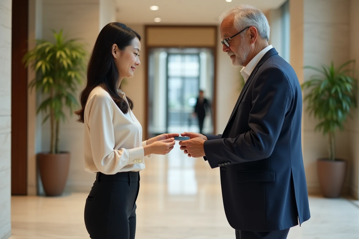 Échange de cartes de visite entre une femme japonaise et un homme français symbolisant les différences culturelles dans la communication professionnelle