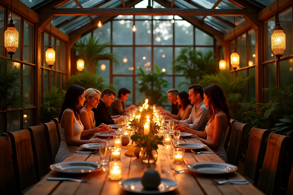 Dîner éphémère dans une serre convertie en salle de fête avec décor végétal et tables rustiques