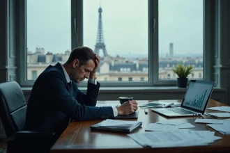 Dirigeant de banque française stressé dans son bureau avec des documents financiers et des graphiques en baisse sur son ordinateur