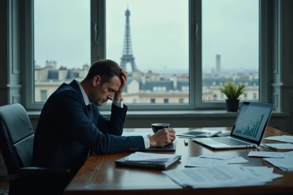 Dirigeant de banque française stressé dans son bureau avec des documents financiers et des graphiques en baisse sur son ordinateur
