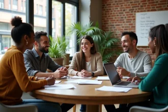 Groupe diversifié d'adultes discutant autour d'une table dans un centre communautaire pour résoudre les inégalités sociales