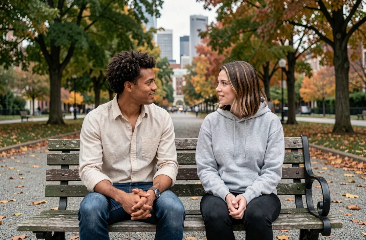 Deux adultes discutant ouvertement de la bisexualité et de l'identité de genre dans un parc urbain en automne