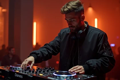 DJ français derrière ses platines Pioneer dans un club parisien, casque autour du cou, concentré sur sa performance signature