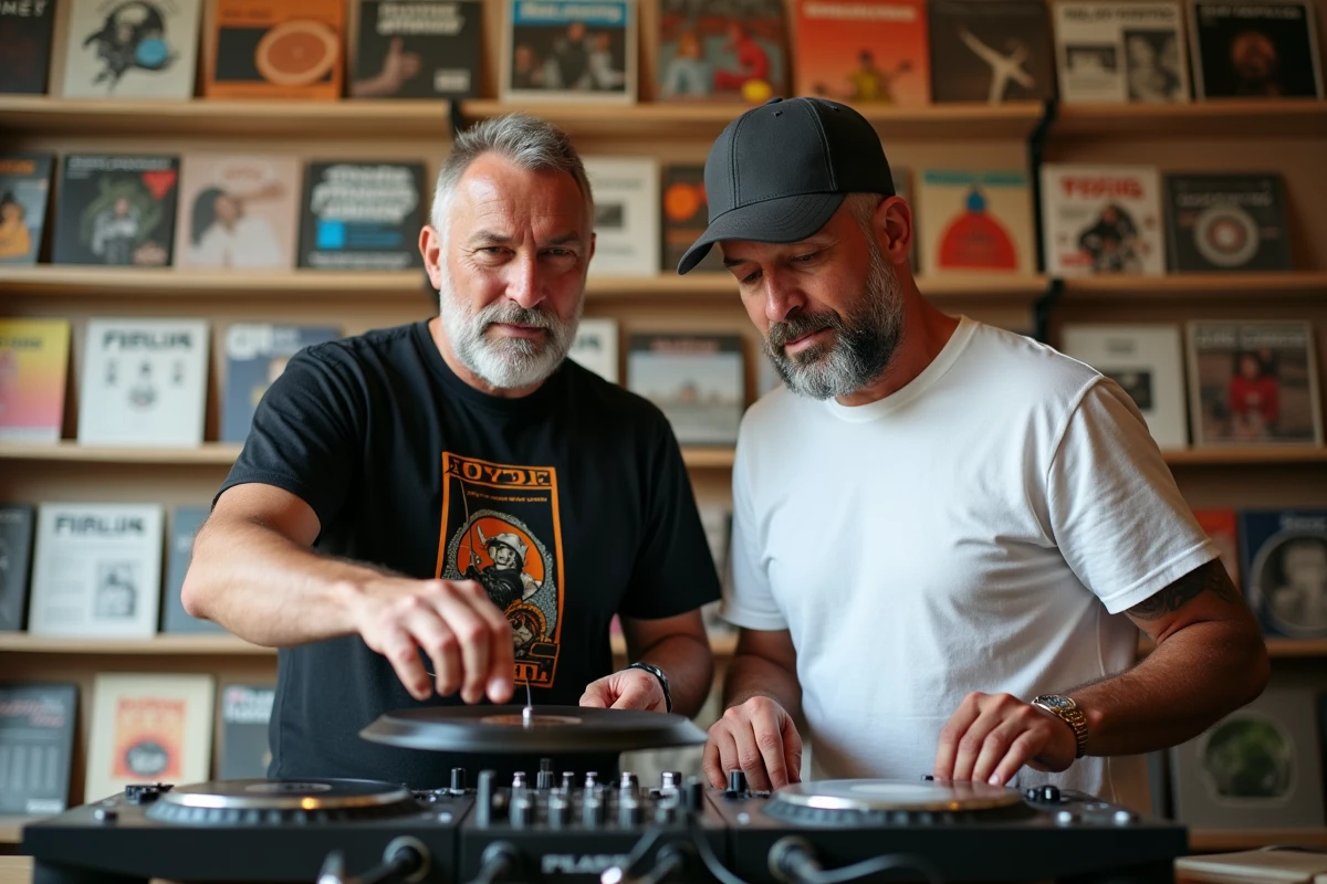 Deux DJs français collaborant dans un magasin de disques vinyles parisien, comparant leurs influences musicales et sons signatures