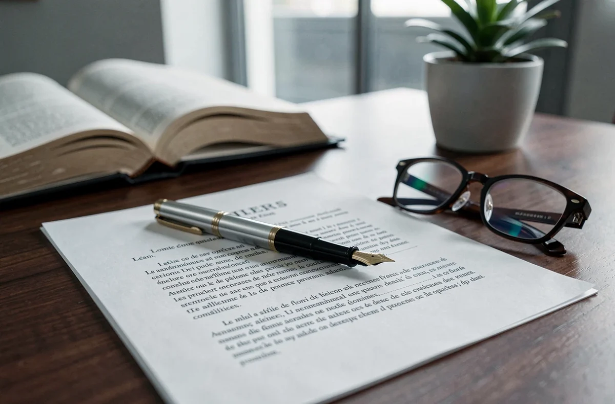 Gros plan d'un document juridique de décision de justice en français posé sur un bureau en noyer avec un stylo plume et des lunettes de lecture, représentant une ordonnance de rejet ou décision de débouter