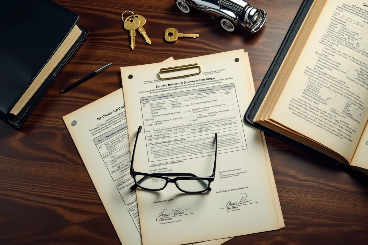 Documents officiels de carte grise collection et certificat d'immatriculation pour véhicule de collection ancien posés sur un bureau en bois