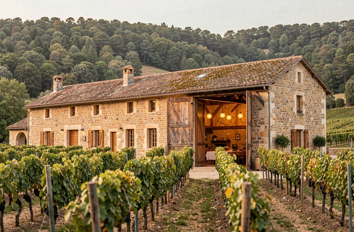 Domaine du Clos des Liesses avec vignes et salle de réception en pierre dans le Rhône