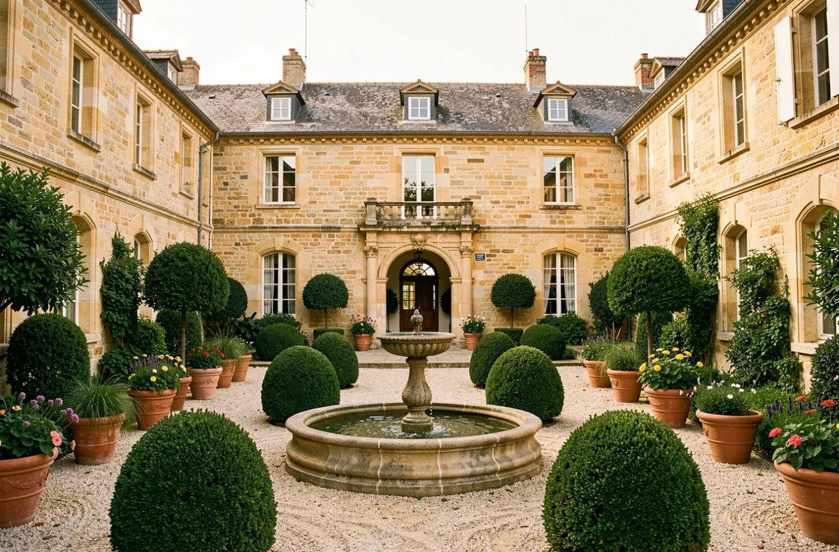Domaine des Coteaux d'Or avec cour intérieure en pierre et fontaine centrale