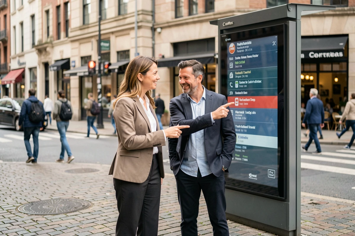 Deux personnes consultant l'affichage en temps réel des horaires du bus 378 dans le centre-ville
