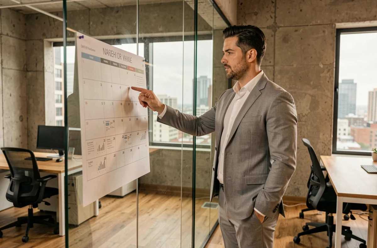 Homme en costume analysant un calendrier de durée de stage et de période d'essai dans un espace de coworking