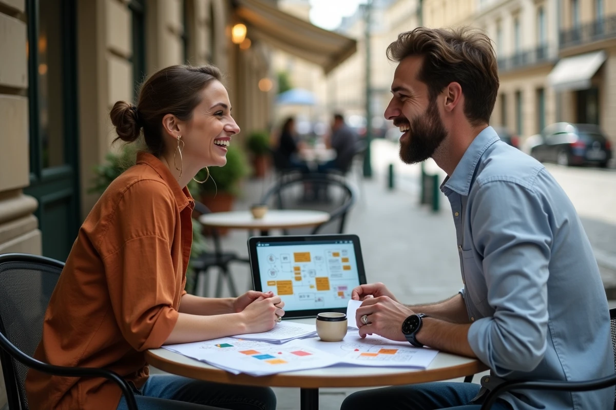 Deux personnes échangeant sur les différents objectifs cognitifs autour d'une table de café en terrasse