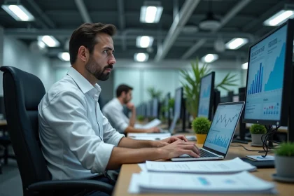 Employé de bureau inquiet face à un écran affichant une interface d'intelligence artificielle, symbolisant la menace de l'IA sur les emplois de bureau