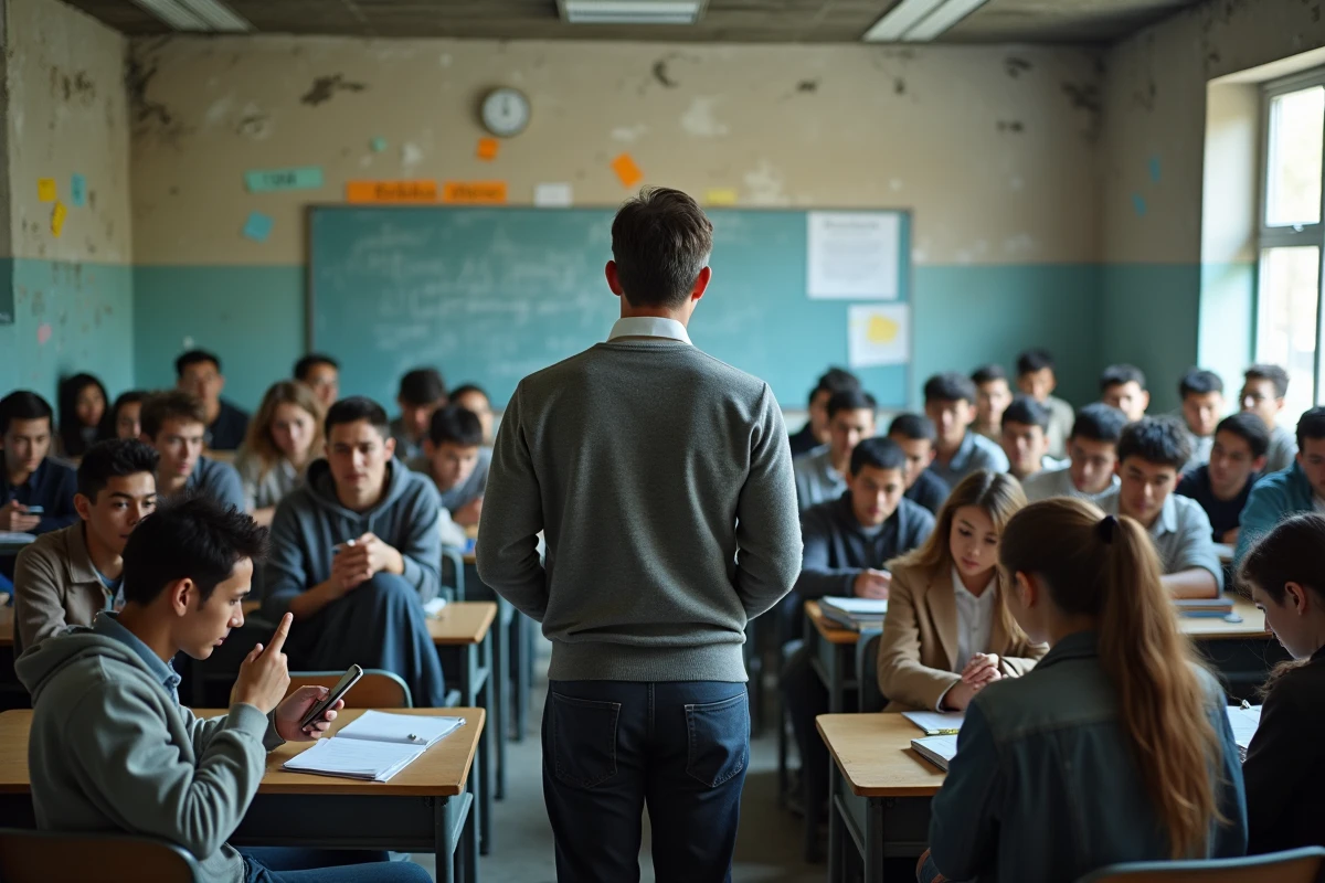 Enseignant face à une classe désengagée dans un lycée urbain, symbolisant les défis d'autorité et d'attention en milieu scolaire difficile