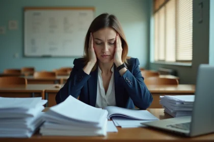 Enseignante épuisée assise à son bureau encombré après les cours, illustrant la surcharge de travail des professeurs