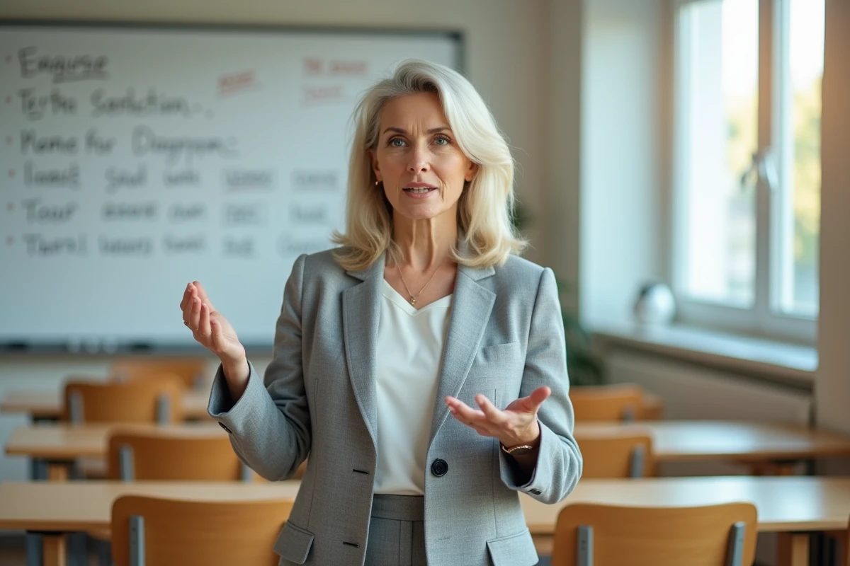 Enseignante en blazer gris expliquant les types d'expressions devant un tableau de classe avec des schémas linguistiques