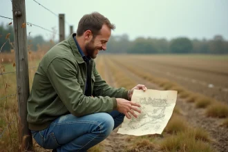Entrepreneur étudiant un plan parcellaire sur un terrain non constructible en milieu rural