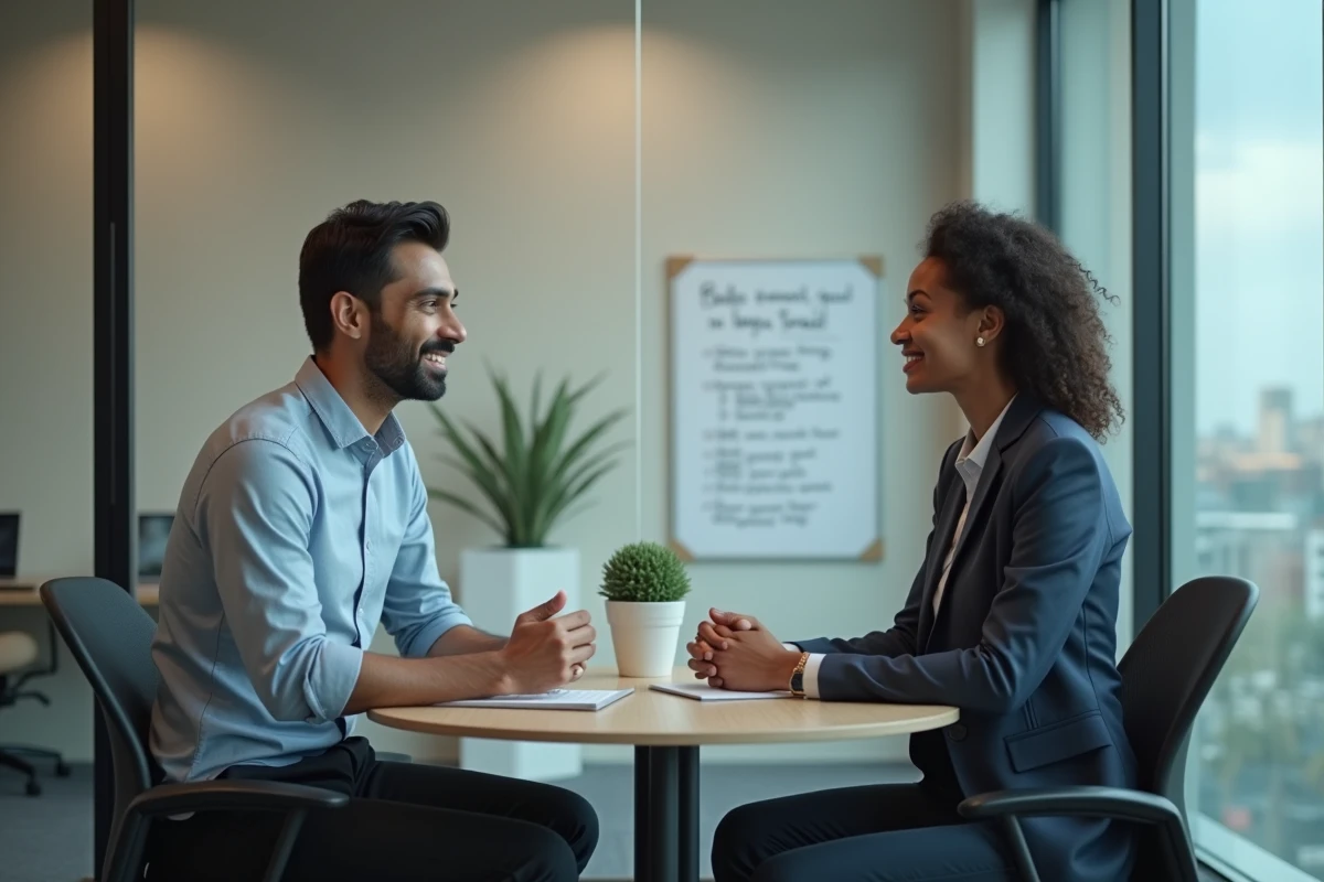 Entretien professionnel inclusif entre un manager et une employée dans une salle de réunion vitrée