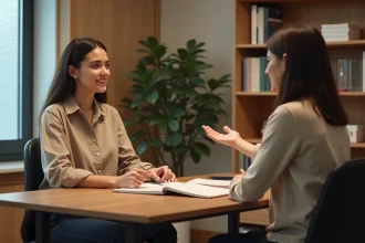 Jeune femme en entretien d'orientation professionnelle avec une conseillère dans un bureau chaleureux