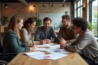 Groupe de professionnels divers réunis autour d'une table de réunion dans un bureau inclusif moderne