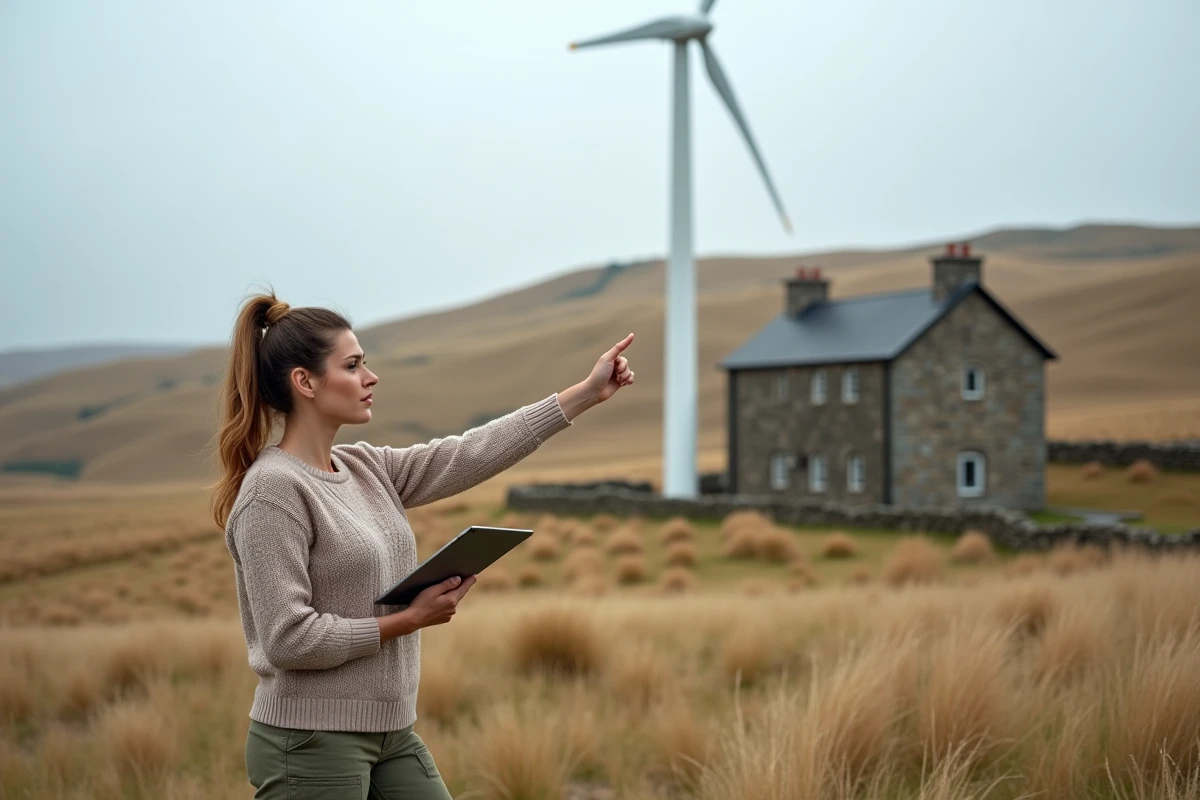 Femme inspectant une éolienne domestique dans un paysage rural isolé pour une vie autonome