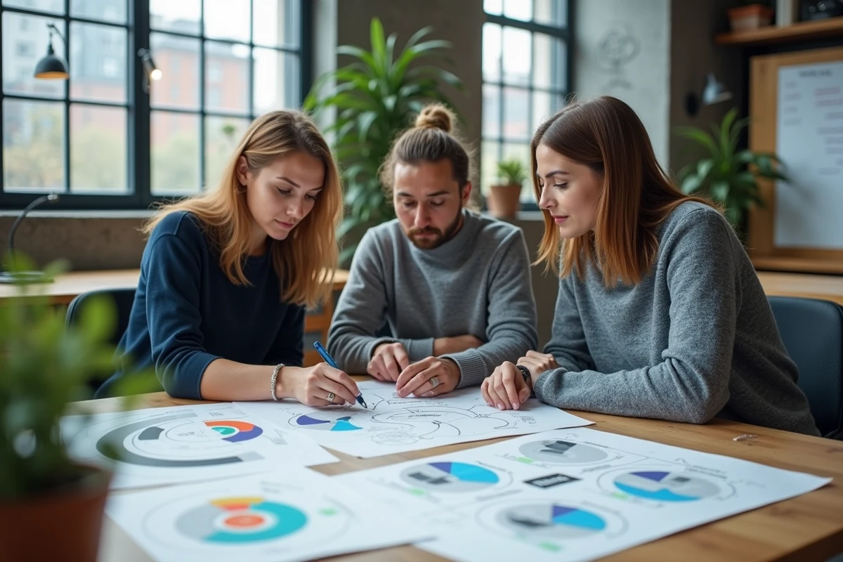 Équipe de professionnels analysant des schémas d'économie circulaire et de cycles de vie des produits dans un espace de coworking