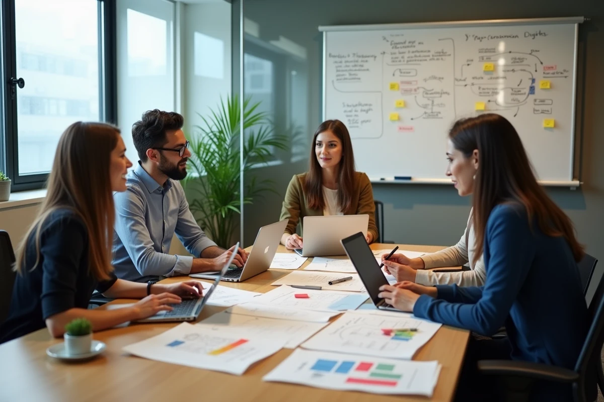 Équipe professionnelle collaborant autour d'une table sur une stratégie de transformation digitale avec laptops et tablettes