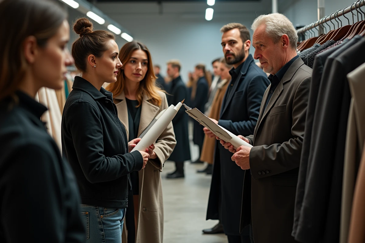 Équipe de professionnels de la mode travaillant en coulisses avant un défilé avec portants de vêtements et directeur créatif