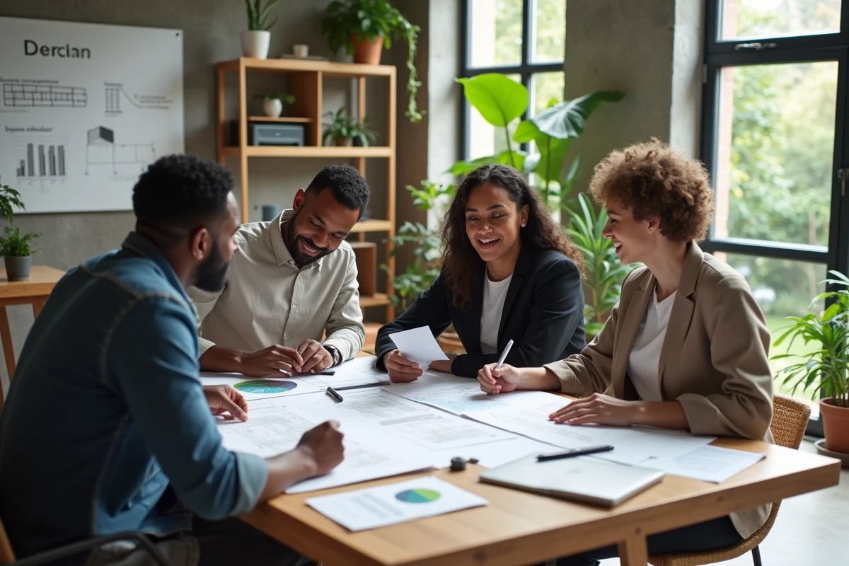 Équipe de professionnels planifiant un projet de développement durable autour d'une table avec des plans et données