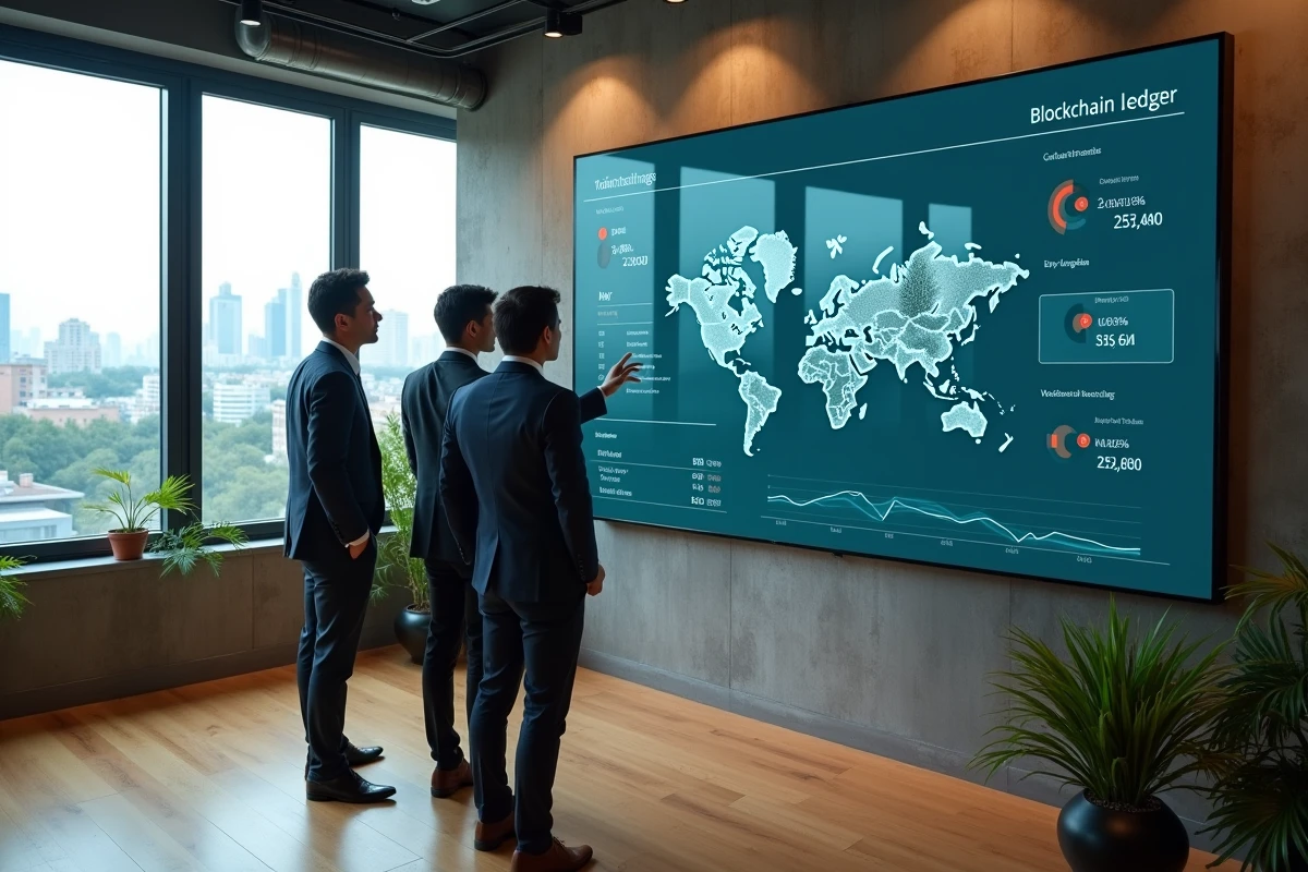 Équipe de professionnels analysant un tableau de bord blockchain pour le suivi de la transparence environnementale