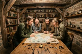 Groupe d'adultes en pleine résolution d'énigmes dans un escape game en Finistère, ambiance mystérieuse avec cadenas et cartes anciennes