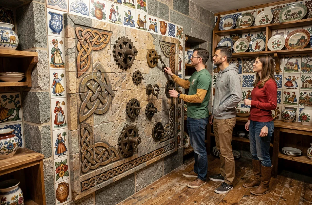 Participants découvrant des énigmes aux références bretonnes dans l'escape game de Quimper avec décor en faïence et granit