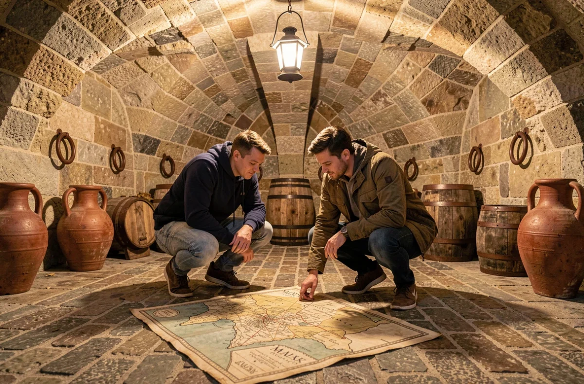 Joueurs penchés sur une carte ancienne de Morlaix dans une cave voûtée en granit lors d'une session à Escape Yourself Morlaix