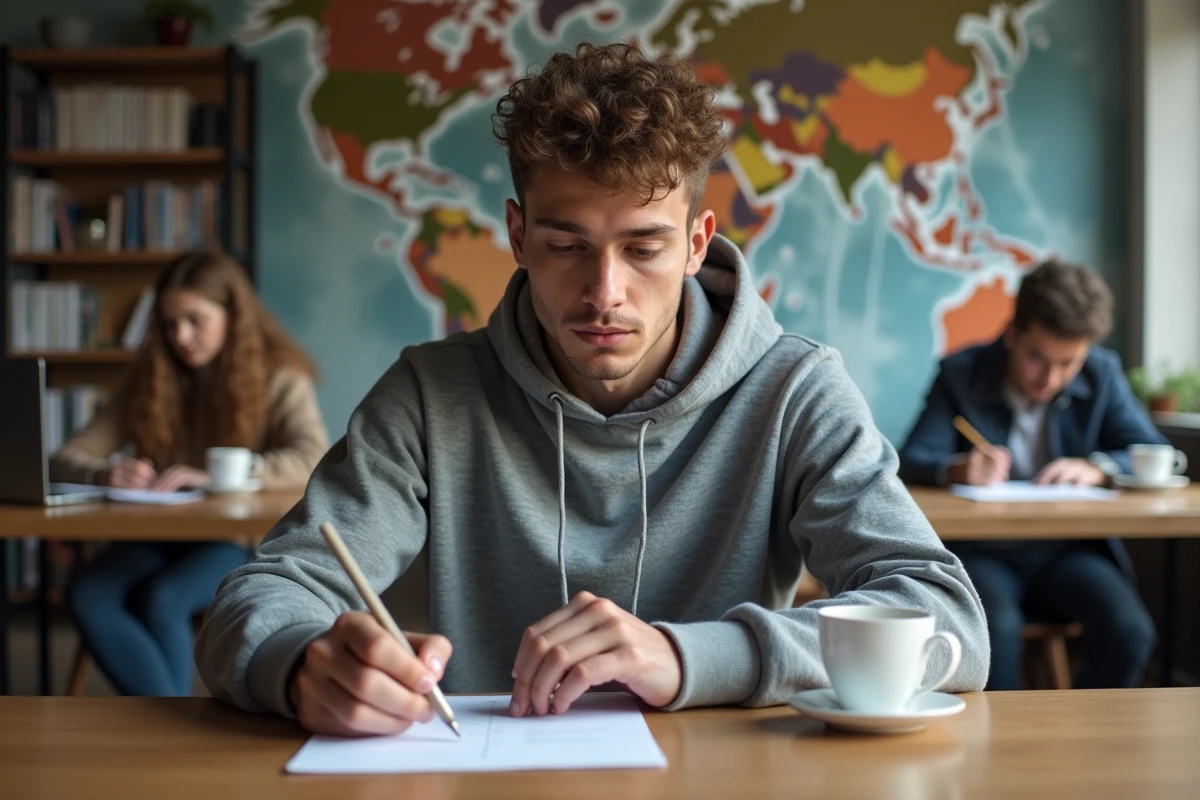 Jeune homme concentré travaillant sur son ordinateur portable dans un espace de co-working communautaire animé et collaboratif