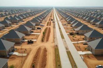 Vue aérienne d'un lotissement pavillonnaire s'étendant sur d'anciens terrains agricoles, illustrant l'étalement urbain et la destruction des terres naturelles