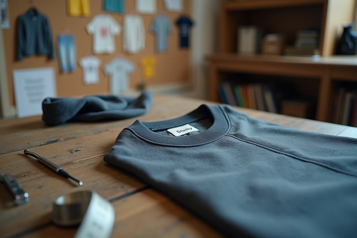 Étiquette de fabrication cousue à l'intérieur d'un sweatshirt Stüssy sur une table en bois