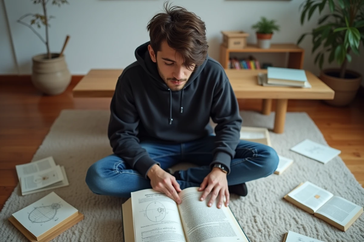 Jeune homme étudiant les concepts philosophiques et physiques des types d'espaces entouré de livres sur le sol