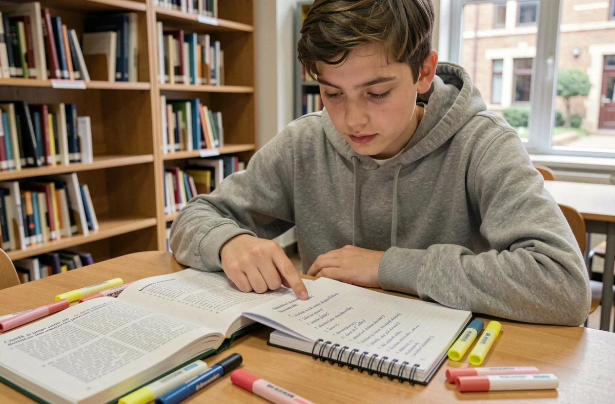 Étudiant consultant un manuel de grammaire française dans une bibliothèque scolaire pour comprendre la règle orthographique du mot milles