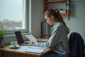 Étudiante en difficulté financière révisant son budget dans un appartement modeste avec des livres et un ordinateur portable