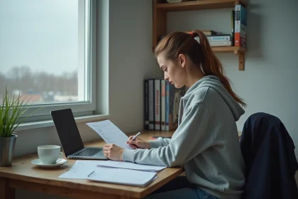 Étudiante en difficulté financière révisant son budget dans un appartement modeste avec des livres et un ordinateur portable
