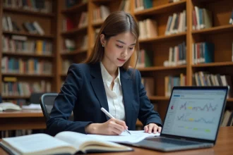 Étudiante en finance révisant dans une bibliothèque universitaire avec des manuels et un ordinateur portable