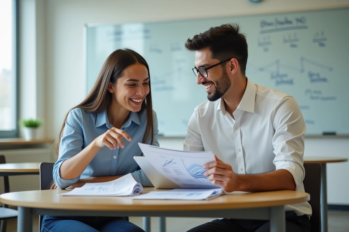 Deux étudiants en école de commerce travaillant sur un cas pratique de finance en salle de cours