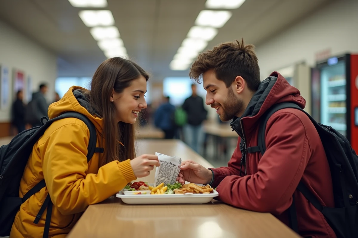 Deux étudiants partageant un repas et consultant une brochure d'aide sociale dans une cafétéria universitaire