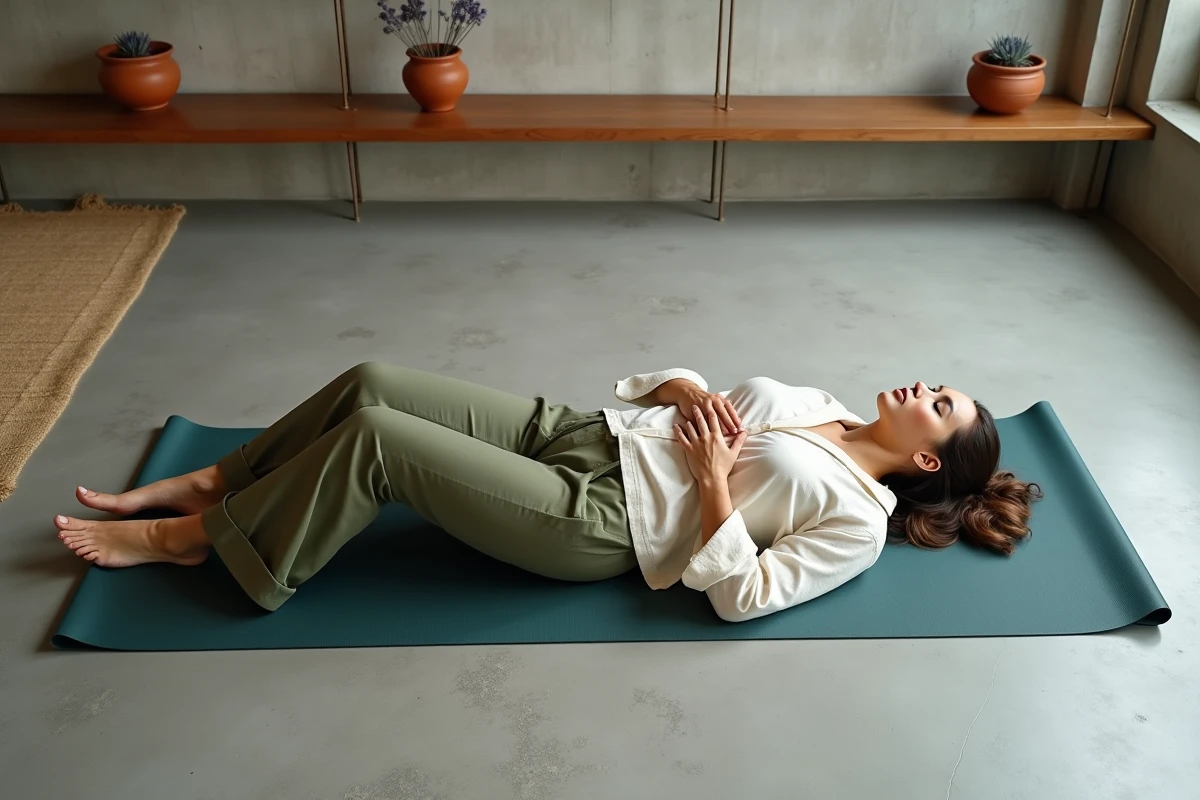 Vue de dessus d'une femme allongée sur un tapis de yoga pratiquant la respiration diaphragmatique dans un studio minimaliste
