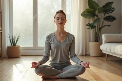 Femme en position assise pratiquant des exercices respiratoires dans un salon minimaliste