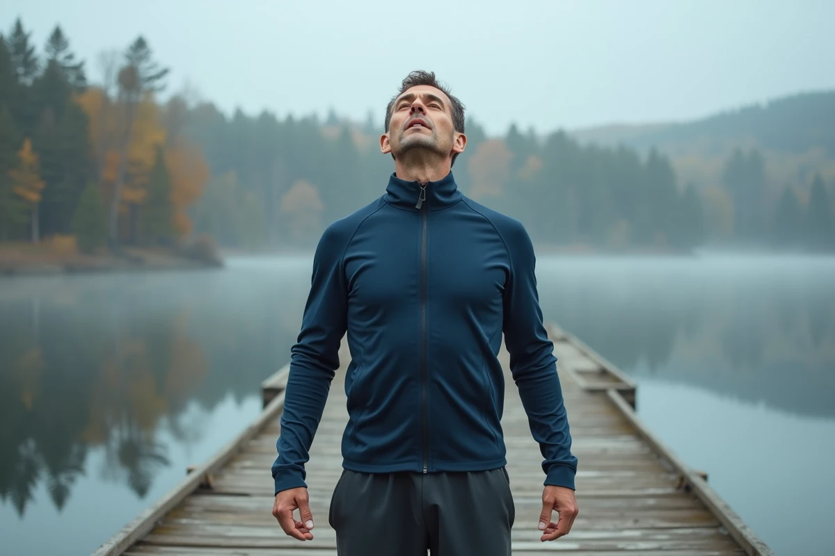 Homme pratiquant des exercices de respiration profonde sur un ponton en bois au bord d'un lac en automne