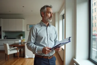 Expert immobilier évaluant un appartement moderne avec clipboard et formulaires d'estimation