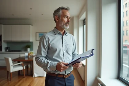 Expert immobilier évaluant un appartement moderne avec clipboard et formulaires d'estimation