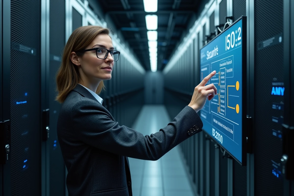Experte en sécurité informatique présentant un diagramme de conformité ISO 27000 dans une salle de serveurs